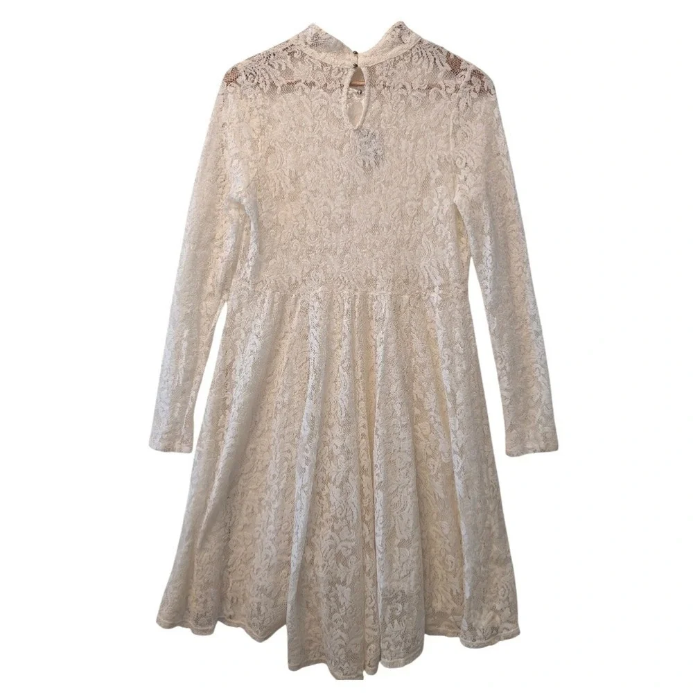 Free People Ivory Floral Lace Mock Neck Long Sleeve High-Low Mini Dress‎ Large